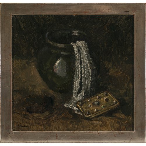 Paulus, Paul. Stillleben mit Krug und Kropfkette. Öl/Karton. 22 x 23 cm. Sign. Feine Atelierspuren.