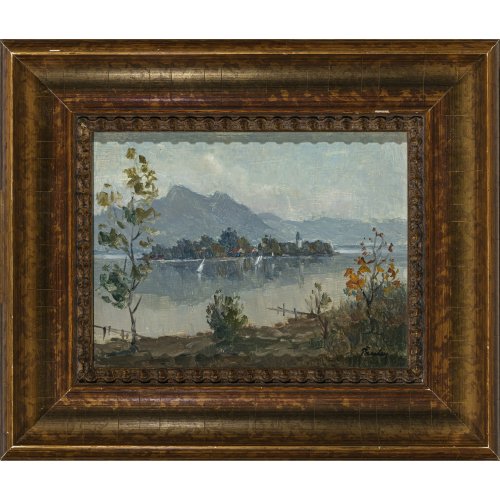 Paulus, Paul. Fraueninsel im Chiemsee mit voralpenländischem Panorama. Öl/Hartfaser. 17,5 x 22,5 cm.  Sign