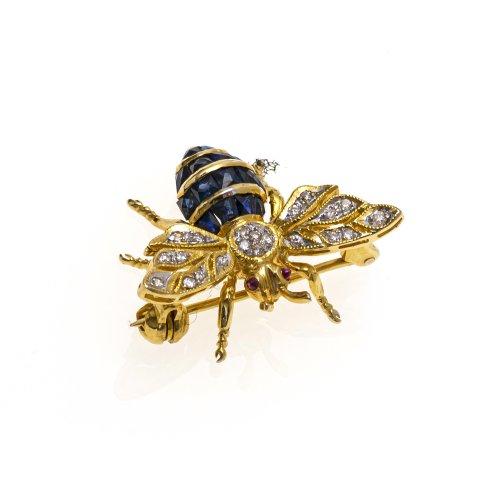 Brosche. In Form einer Biene. Gold, Saphir- und Brillantbesatz.