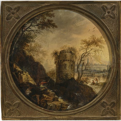 Italien, 17. Jh. Ruinenlandschaft mit Angler. Öl/Holz, ø 23 cm. Monogr.