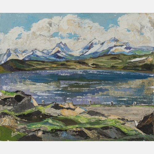 Schweiz, 20. Jh., Erni. Schweizer Bergsee mit Panoramaansicht. Öl/Lw. 46 x 55 cm. Sign. und dat. 1954. Alterungsspuren.