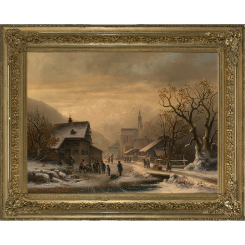 Doll, Anton. Winterliches Dorf mit Kirche und verschneitem Gebirge. 69,5  x 92,5 cm. Öl/Lw., doubl. Sign., bez. München unten links.