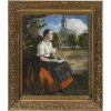 Süddeutsch, um 1920. Mädchen in Tracht auf einem großen Platz. Öl/Lw. 60 x 50 cm. Unles. sign.Rest.