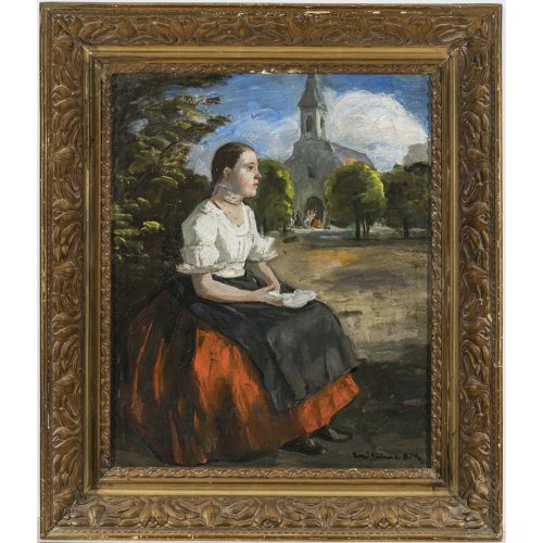 Süddeutsch, um 1920. Mädchen in Tracht auf einem großen Platz. Öl/Lw. 60 x 50 cm. Unles. sign.Rest.