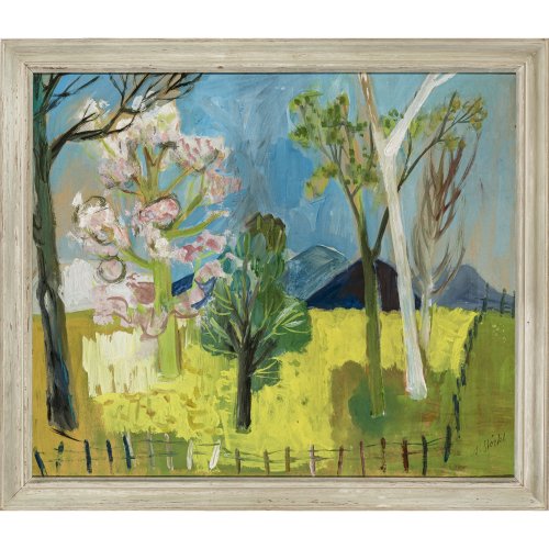 Deutsch, 20 Jh., A. Stöckl. Frühlingslandschaft in den Bergen. Öl/Papier/Karton. 61 x 73 cm. Sign.