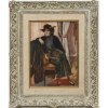Ullrich, Curt. Galante junge Dame mit Hut auf Stuhl sitzend, den Blick in die Ferne gerichtet. Öl/Karton. 33 x 24 cm. Sign.