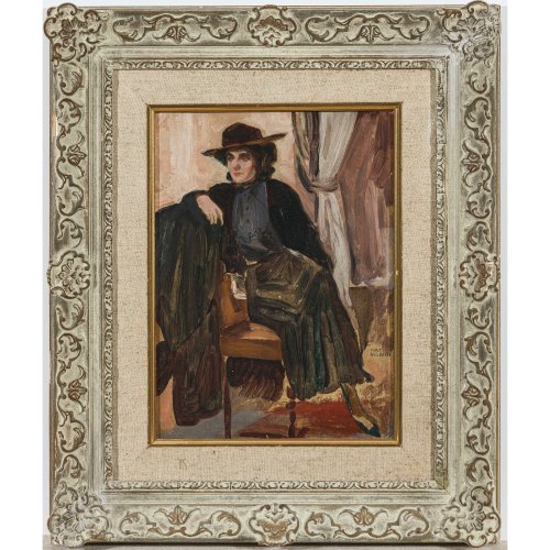 Ullrich, Curt. Galante junge Dame mit Hut auf Stuhl sitzend, den Blick in die Ferne gerichtet. Öl/Karton. 33 x 24 cm. Sign.
