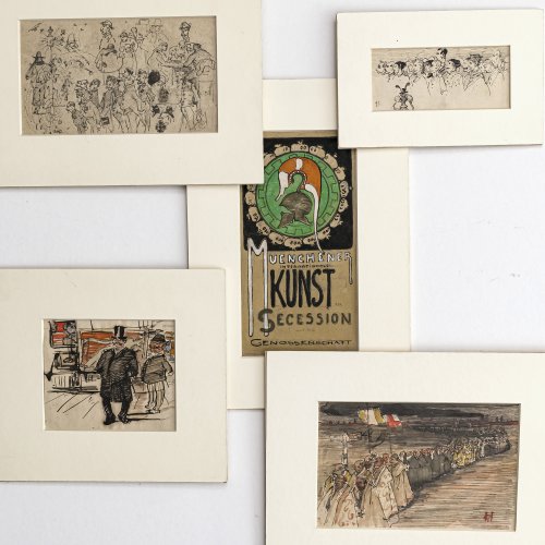 19./20. Jh. Fünf Zeichnungen und Aquarelle, u.a. Karikaturen, Plakat für die Münchener Kunst Secession. 5,5 x 12,5 - 19,5 x 10 cm. In Passepartout.