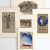 19./20. Jh. Fünf Zeichnungen und Aquarelle, u.a. Karikaturen, Plakat für die Münchener Kunst Secession. 10,5 x 17-19 x 12 cm. In Passepartout.