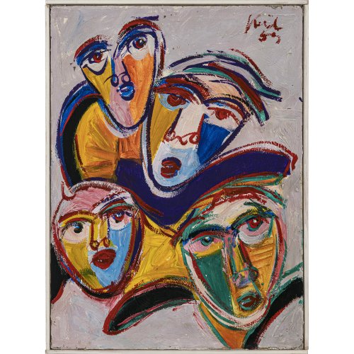 Keil, Peter. Beatles. Öl/Lw. 80,5 x 60 cm. Sign., dat. 59. Rücks. bez. 