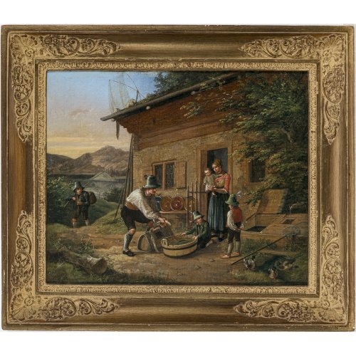 Quaglio, Lorenz II. Fischerhütte am Schliersee. Öl/Lw. 34,5 x 43 cm. Sign., dat. 1828.