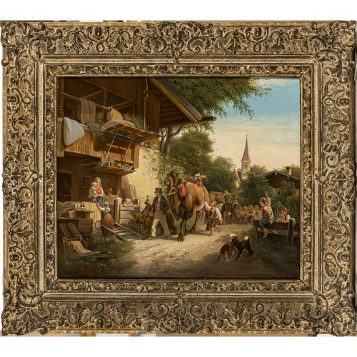 Voltz, Friedrich, zugeschrieben. Der Zirkus kommt. Öl/Lw. 46,5 x 55 cm. Min. rest. Unsign.