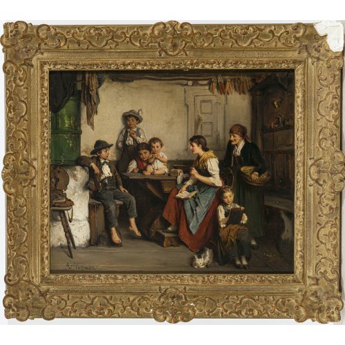Vollmar, Ludwig. Vorlesestunde in der Bauernstube. Öl/Lw./Hartfaser.37,5 x 44,5 cm. Min. besch. Sign.