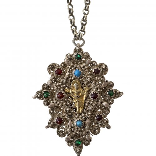 Trachtenschmuck: Anhänger und Erbskette. Christus und Muttergottes. Farbsteinbesatz. Anhänger L. 8 cm.