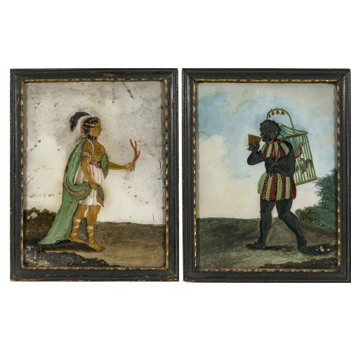 18. Jh. Zwei Hinterglasbilder mit den Darstellungen der Erdteile Afrika und Amerika jeweils als Personifikation. Tempera/Glas. Je  26 x 19,5 Farbabsplitterungen.