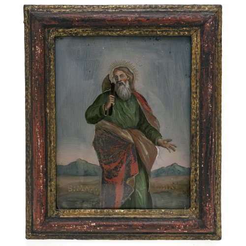 Hinterglasbild. Italien, 19. Jh. Darstellung des hl. Matthias. Tempera/Glas. 24 x 19 cm. Farbablösungen.