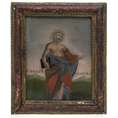 Hinterglasbild. Italien, 19. Jh. Darstellung des hl. Bartholomäus. Tempera/Glas. 23,5 x 19 cm. Farbablösungen.