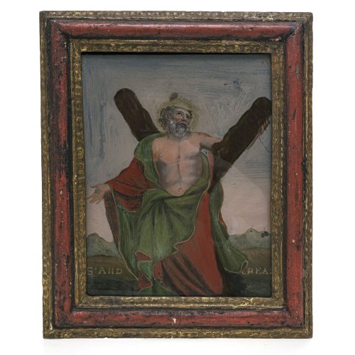 Hinterglasbild. Italien, 19. Jh. Darstellung des hl. Andreas. Tempera/Glas. 24 x 19 cm. Farbablösungen.