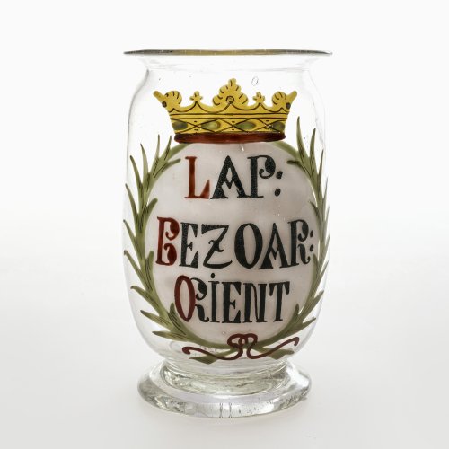 Apothekengefäß. Glas, Emailmalerei, Kartusche mit Inschrift 