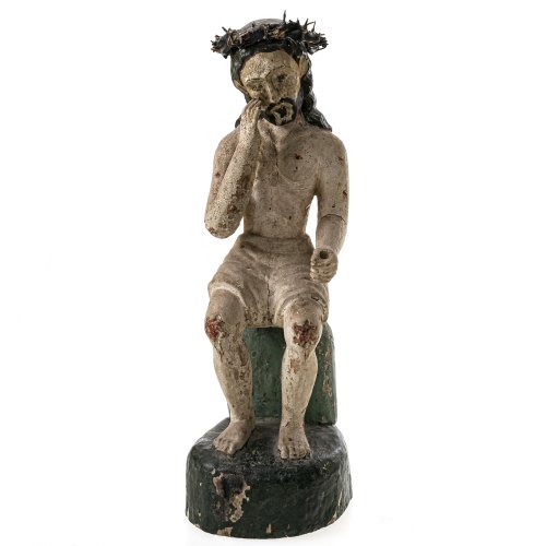 Christus in der Rast. Holz, min. übergagene Farbfassung. Besch. H. 44 cm.