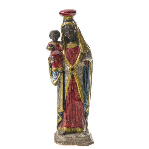 Gnadenmaria von Altötting. Holz, übergangene Lüsterfarbfassung. Besch., eine Hand fehlt. H. 20 cm.