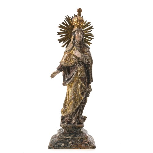 Mariengnadenbild. Holz, Reste von Farb- und Goldfassung. Besch., rest. H. 21 cm.