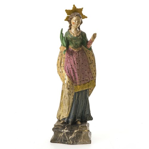 Hl. Barbara. Holz, Farbfassung. Oberammergau. Leicht best. H. 21 cm.