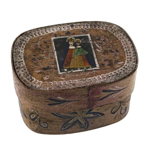 Kleine Spanschachtel. Bayern. Farbig bemalt, mit Mariengnadenbild. L. 14 cm. Rep.