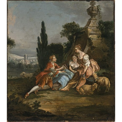 Deutsch, 18./19. Jh. Schäferszene. Öl/Lw. 73,5 x 65 cm. Rest., doubl. Unsign.