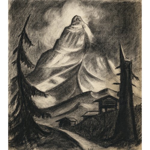 Monogr. E.LK. Im Hochgebirge. Kohlezeichnung. 53 x 45,5 cm. Papierrand besch.