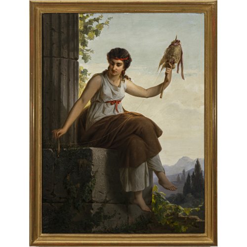 Heckel, August von. Schicksalsgöttin mit Spinnrocken. Öl/Lw. 100 x 74 cm. Rest., doubl. Sign.