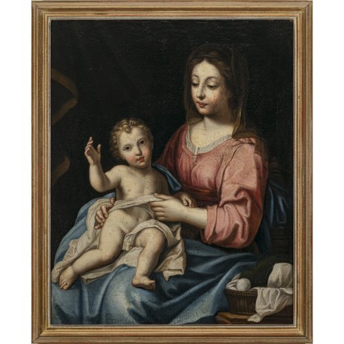 Italien, 17. Jh. Madonna mit dem Jesuskind. Öl/Lw. 94 x 75 cm. Besch., rest. Unsign.