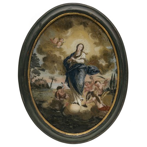 Hinterglasbild. Maria Immaculata, von Putten umgeben. Italien. Farbablösungen. 42 x 31 cm (oval).