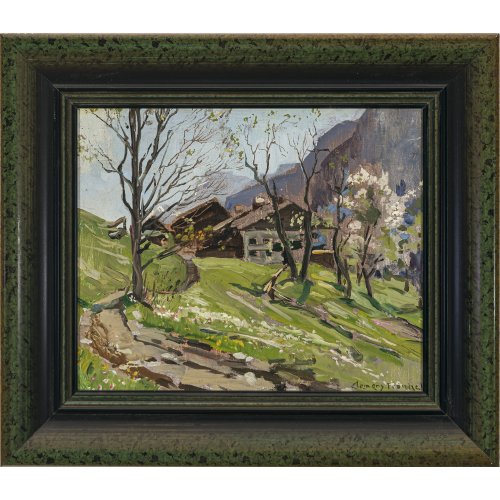 Fränkel, Clemens. Alm im Frühling. Öl/Malkarton. 23 x 28,5 cm. Sign.