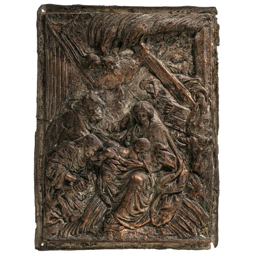 Andachtsrelief. Anbetung der Hirten. Kupfer-/Metallblech. Besch., Verwitterungsspuren. 20 x 15 cm.