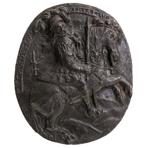Ofenkachel. Kaiser Leopold zu Pferd. Ton, schwarz glasiert. Min. best.