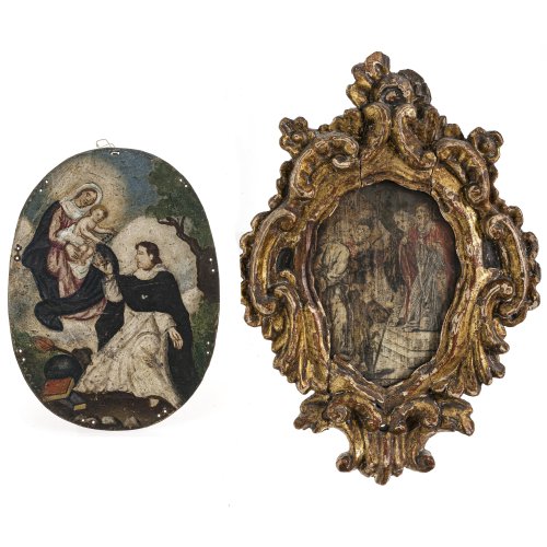 Rahmen mit kol. Kupferstich und Andachtsbild mit hl. Dominikus und die Erscheinung der Maria mit Kind. Tempera/Blech.  26 x 18 cm. 15,5 x 11,5 cm. Besch., Rahmen rep.