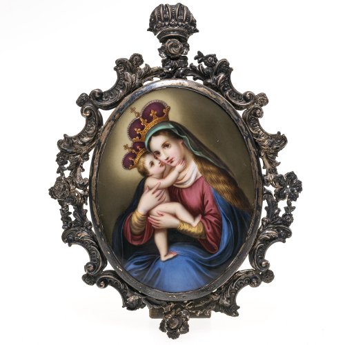 Miniatur. Maria Hilf. Emailmalerei/Porzellan. Rahmen besch. 12 x 9 cm.