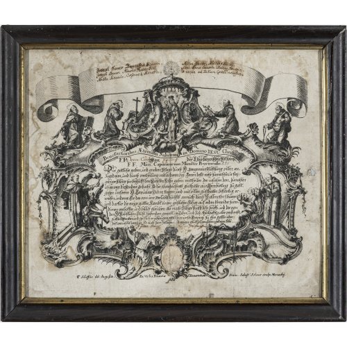 18. Jh., wohl 1790. Kupferstich. Würdigungsschreiben des Kapuzinerordens in Rocaillekartusche. 