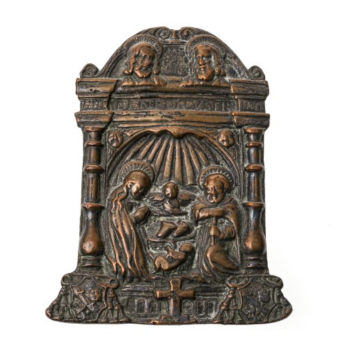 Kusstafel. Zink/Bronzeguss. Heilige Familie. Berieben, rückseitig Bandgriff (besch.).