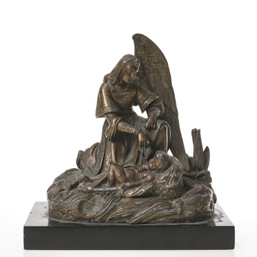 Schlafendes Jesuskind mit Engel. Zinkguss. Besch., ein Flügel fehlt. H. 18,5 cm.