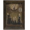Votivtafel. Votantenfamilie mit drei Kindern, im Himmel Gnadenmaria mit Jesuskind. Holztafel mit Riss. 22 x 15 cm.