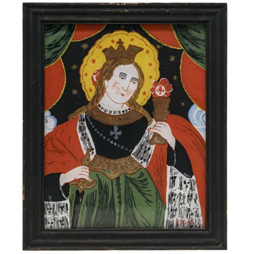 Hinterglasbild. Hl. Barbara. Sign. R. Kurt, in der Art von Sandl. Min. besch., rest. 24 x 19 cm.