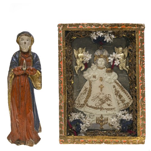 Kastenbild mit Jesuskind, Papierarbeit und Marienstandfigur, geschnitzt. 27 x 19 cm bzw. H. 25 cm. Besch.