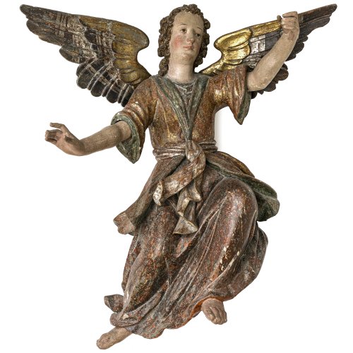 Schwebender Engel. Süddeutsch. Holz, übergangene Farbfassung. H. ca. 95 cm. Fassung berieben, rest.