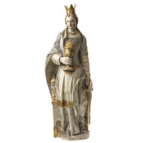 Hl. Barbara. Süddeutschland oder Österreich. Holz, übergangene Farb- und Goldfassung. Fassung besch. H. 100 cm.