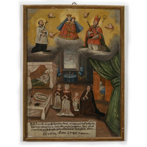 Votivtafel. Süddeutschland oder Österreich. Innenraum mit Krankenbett und Kleinkind, im Himmel drei Gnadenbilder der hl.Maria mit Kind, des hl. Dominikus und hl. Nikolaus. 81 x 60 cm. Besch., rest.
