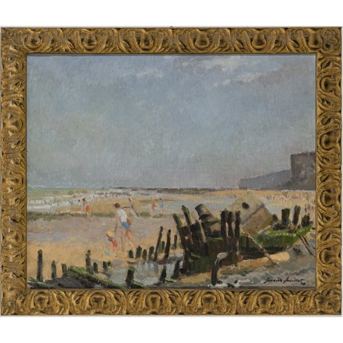 Frankreich, 20. Jh. Impression am Atlantik-Strand. Öl/Lw. 47 x 58 cm.  Craquelé. Undeutlich sign.: Founier-Feuillot/Sounier-Seuillot(?), dat. 48.