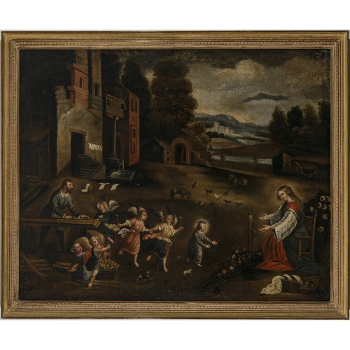 Italien, 17. Jh. Heilige Familie, Darstellung vor Landschaft mit Josef als Zimmermann und Engeln. Öl/Lw. 84 x 104 cm. Rest., doubl. Unsign.