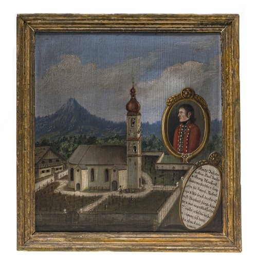 Votivtafel. Bayern. Sturz bei Dachdeckerarbeit der Kirche in Lenggries. Tempera/Holz. 35,5 x 33 cm.